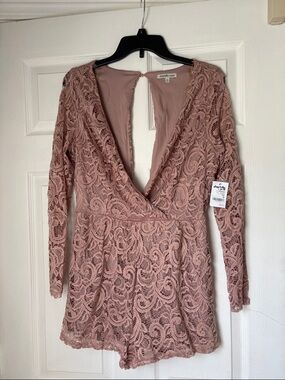 Charlotte Russe Dusty Pink Lace Long-Sleeve Romper